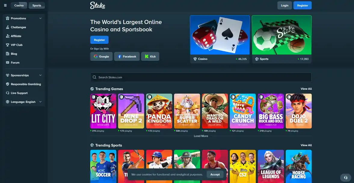 Home page of the official Stake UA online casino website